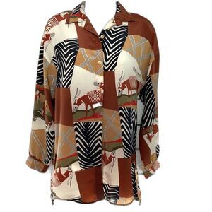 Vintage Campus Casuals Animal Print Top SZ L Antelope Brown Black Zebra Print